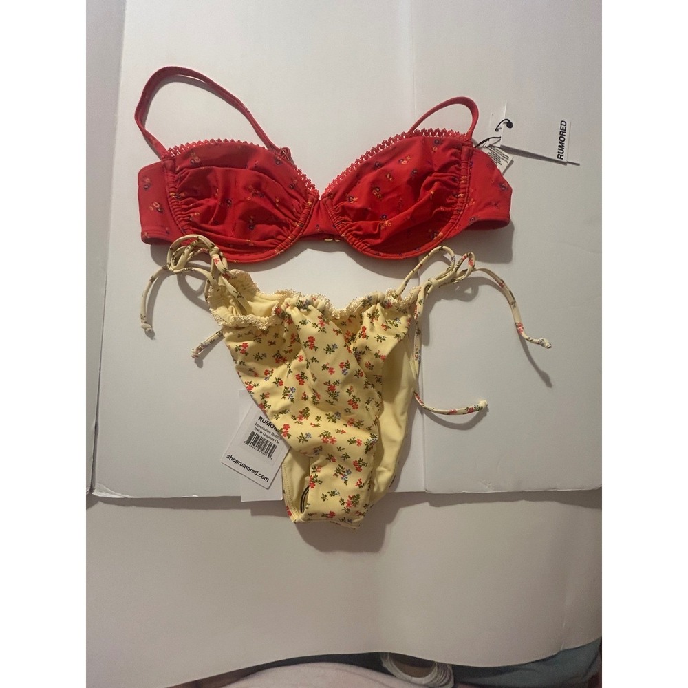 Rumored Prairie Coquette Bikini Set Red Yellow Floral Underwire Side Tie NWT M